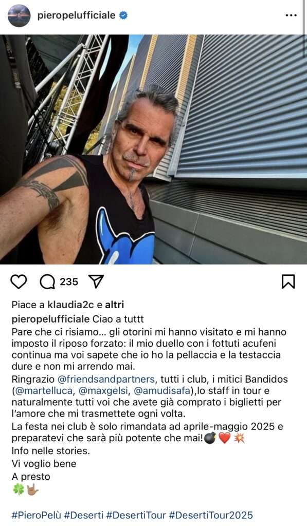 Piero Pelù malattia acufene